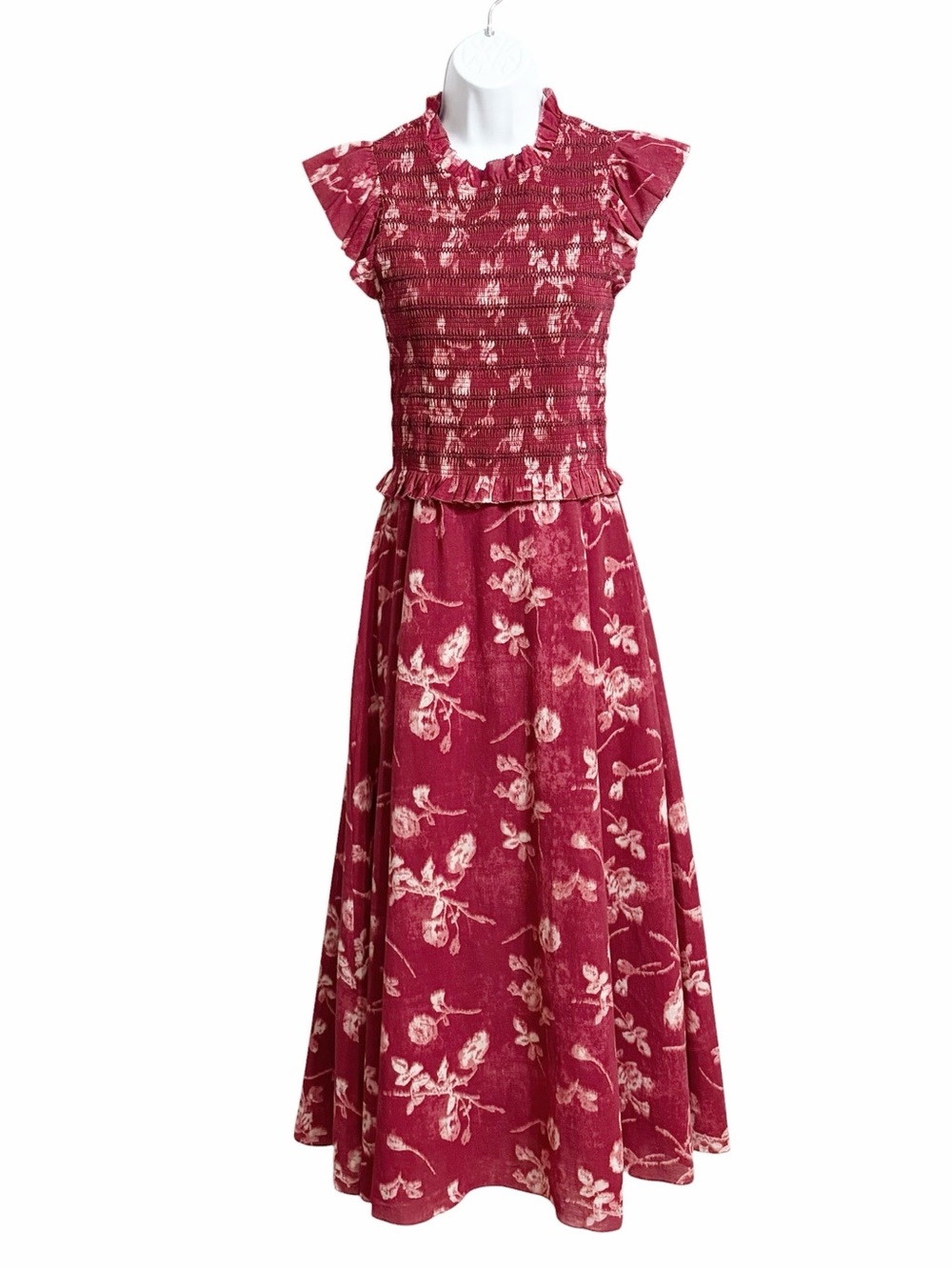 Sea New York Monet Boho Smocked Floral Midi Dress Womens 2 Red Flutter Sleeve